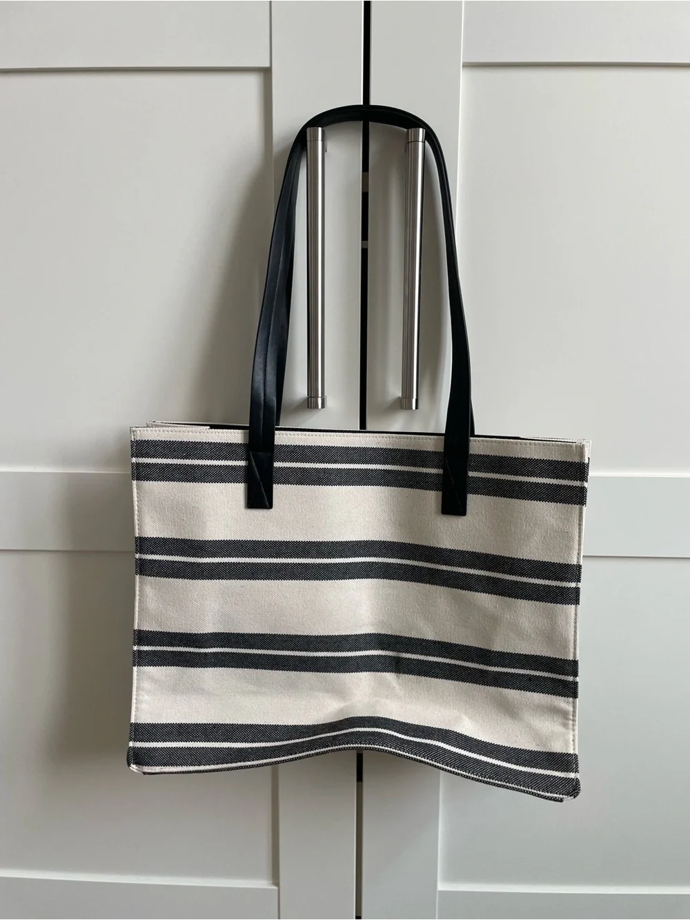 Striped Canvas Tote with Black Straps - Cream & Black